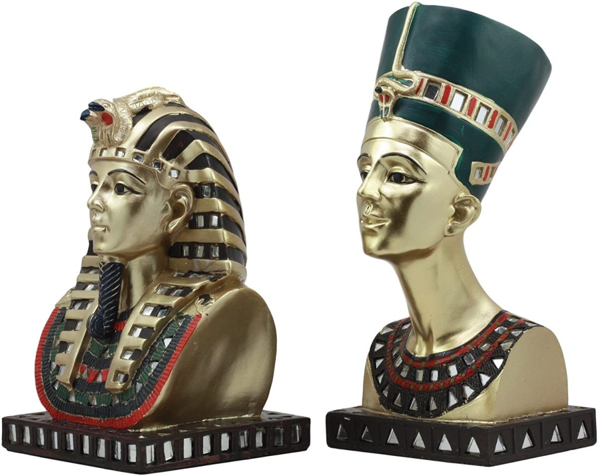最高級のスーパー 古代エジプトのファラオの黄金のマスクを被ったツタンカーメンと女王ネフェルティティの像 彫像（輸入品 王室の胸像セット 古代エジプト  エスニック