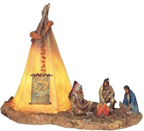 ネイティブ・アメリカン（インディアン）の家族と、灯りが付く（ティピー）移動用テント 情景彫像 彫刻（輸入品）