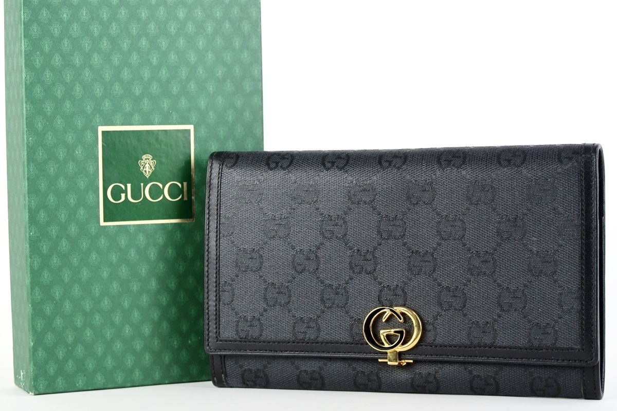 【超美品】GUCCI グッチ イタリア製 GG金具 キャンバス 二つ折り長財布 ブラック×ゴールド金具 035・03・0279【FJ38】_画像1