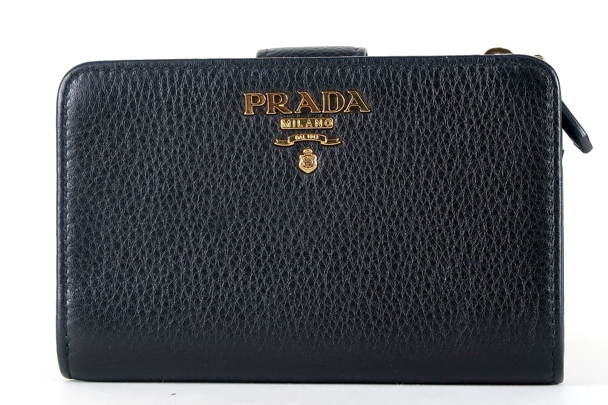 【超美品】PRADA プラダ 二つ折り財布 レザー ブラック ブランドウォレット 小物【JJ10】