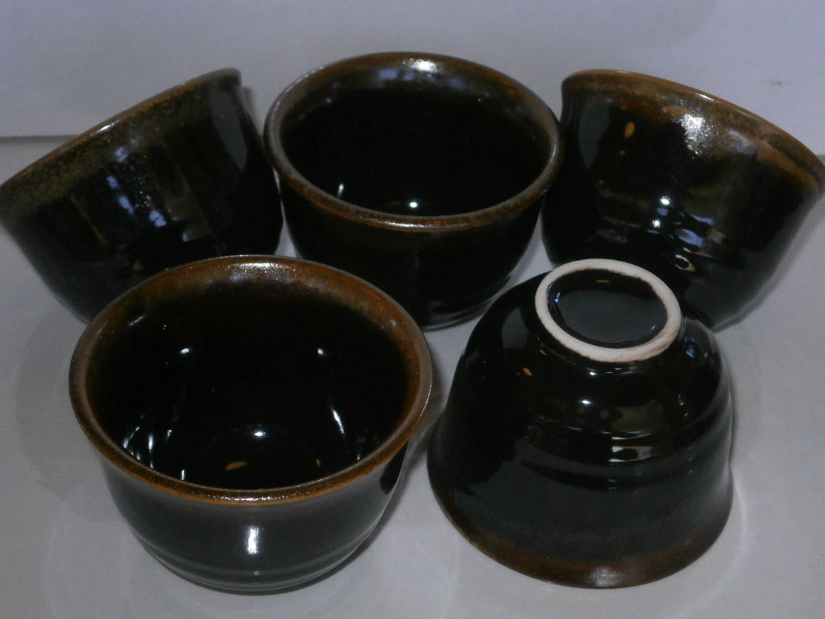黒 湯飲み 【黒色/フチまわり茶色 5客揃え】陶器 未使用_画像6