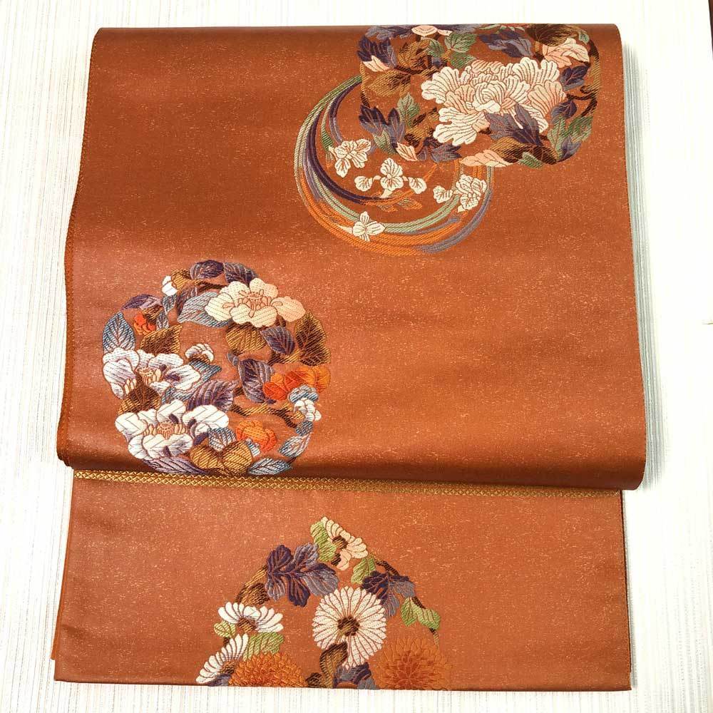 袋帯　オレンジ　ラメ　花　刺繍　帯　正絹 仕立て上がり