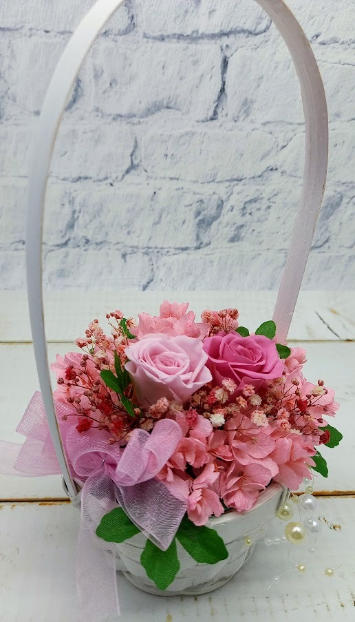 * great special price last 1 piece! preserved flower race oval ceramics pot × white hand attaching basket rose pink flower gift .*