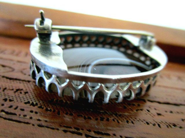  Британия Vintage / античный sterling серебряный брошь эллипс a торцевая дверь камень /Banded Agate Scotland оригинальный серебряный 9.8g/ прекрасный товар 