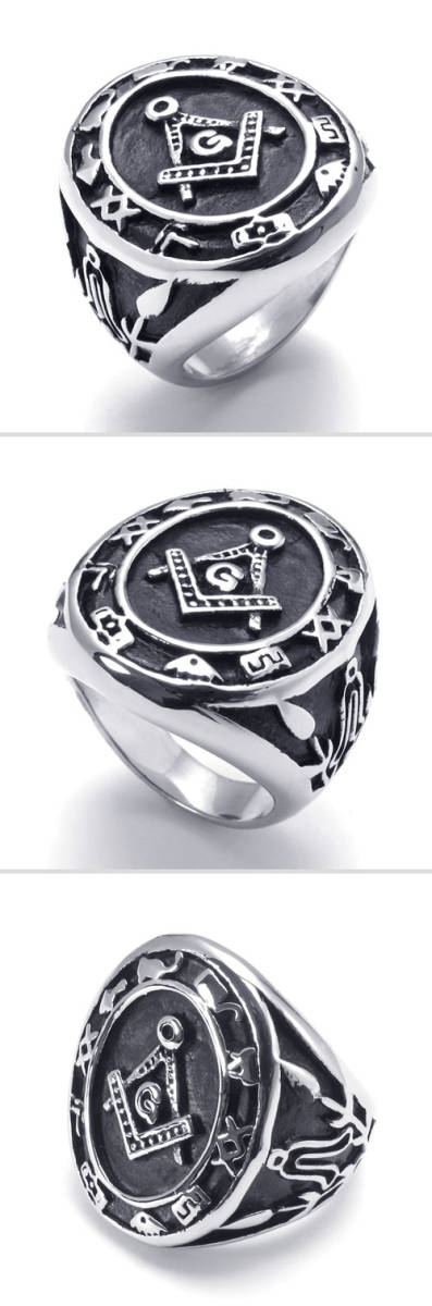 PW 21930 高品質チタンとステンレス シルバー銀色 古典風 フリーメイソン Freemason 指輪 条件付送料無料_画像4
