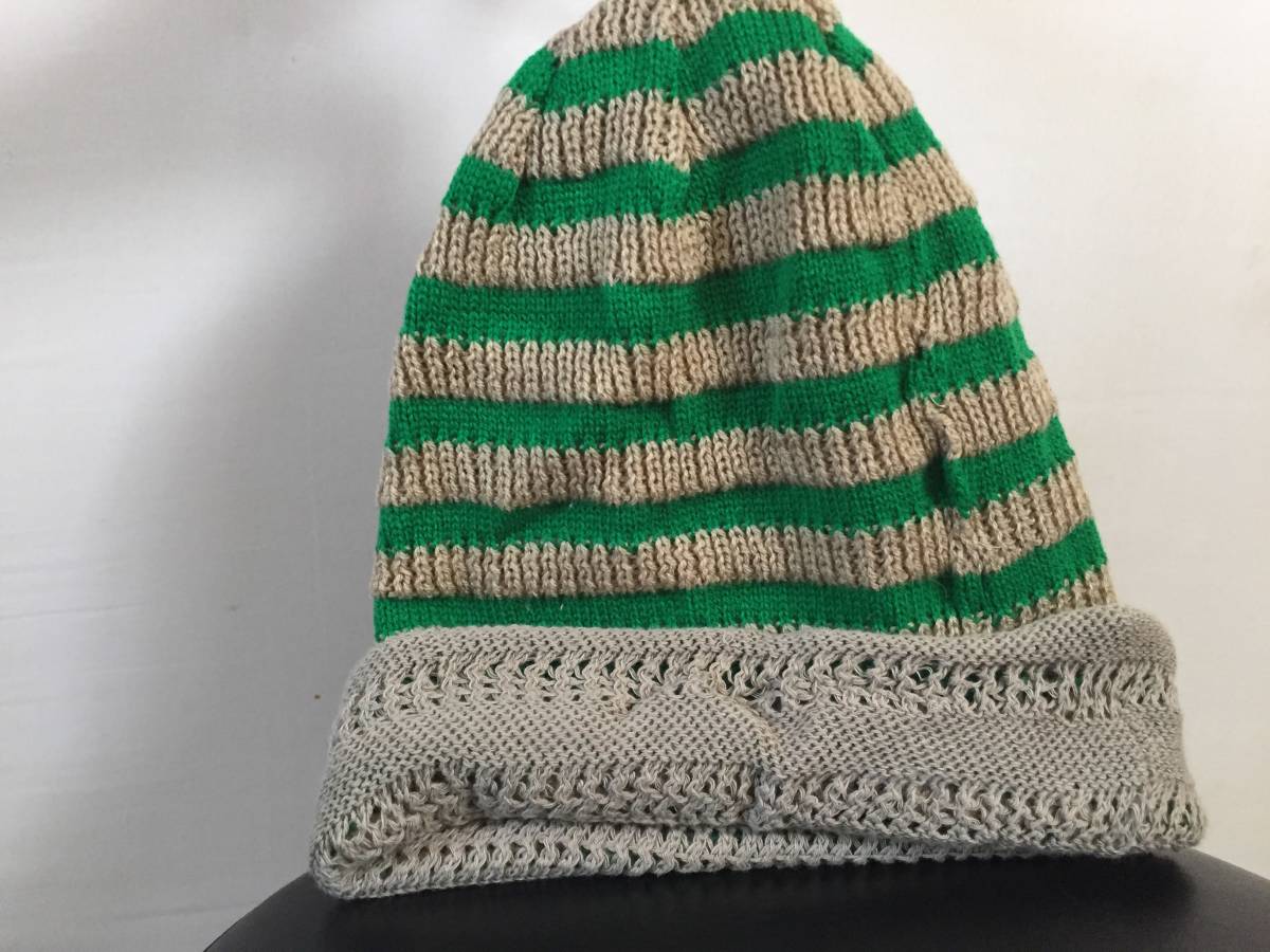 緑×ベージュのボーダー織りと透かし編みのリバーシブルニット帽・10357_画像2