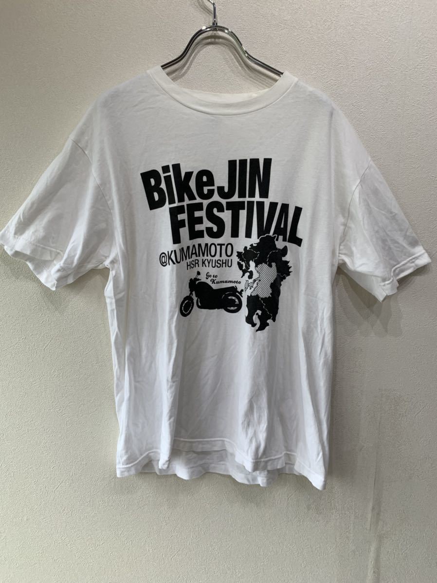 ファン必見　Bike JIN/倍倶人　T　シャツ　メンズ　L　熊本　FESTIVAL　バイク　白/ホワイト　ツーリング　二輪　旅　半袖　（K756）_画像1