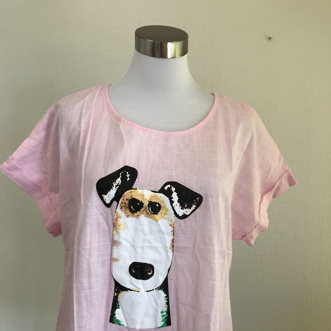 Tシャツ アニマル柄 薄ピンク 犬 コットン素材 レディース