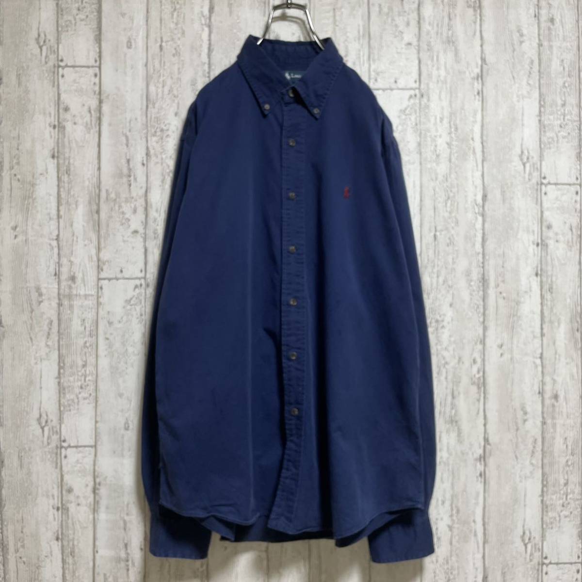 ☆送料無料☆ Ralph Lauren ラルフローレン 長袖 ボタンダウンシャツ Lサイズ ネイビー レッドポニー 90s 21-245_画像2