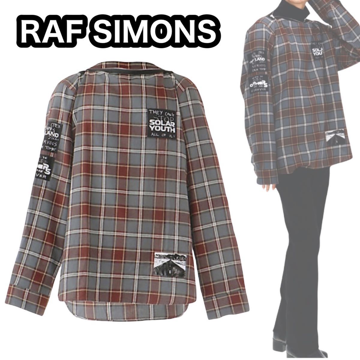 【新品】即決 RAF SIMONS ラフシモンズ 20FW パッチ ビッグフィット パンク シャツ プリント チェック アーカイブクラス （L）入手困難