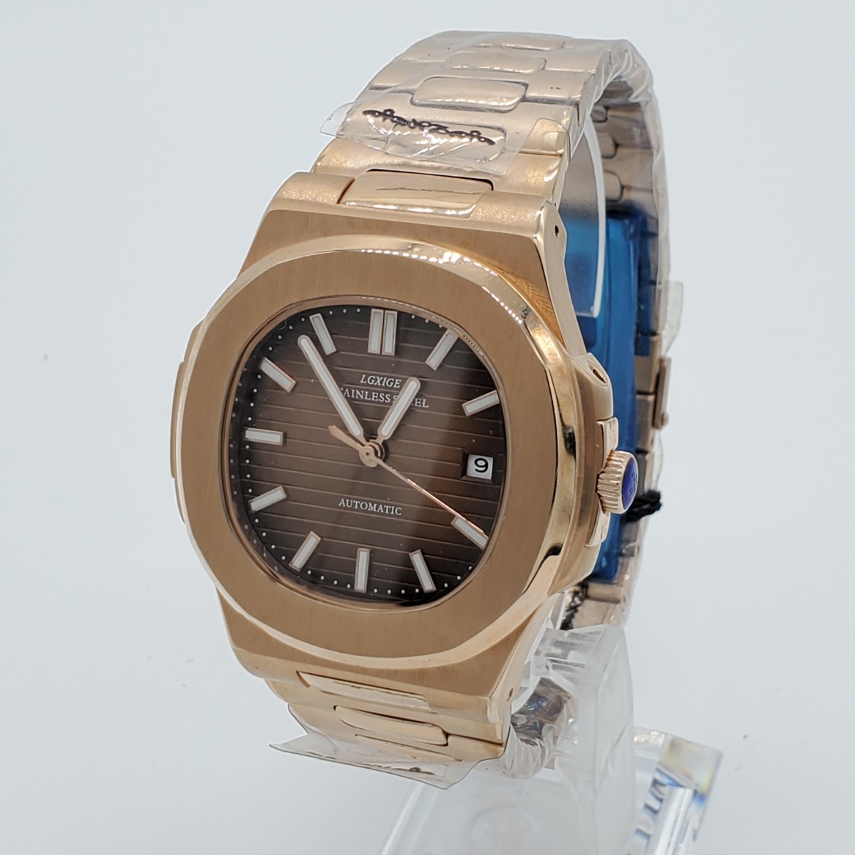新品 自動巻 LGXIGE PP ノーチラス オマージュウォッチ ゴールド シースルーバック 裏スケ メンズ腕時計 機械式