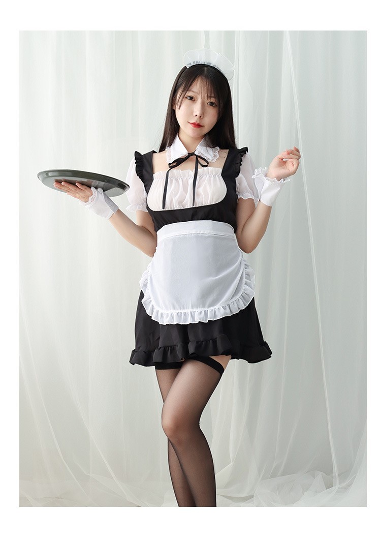 超セクシー 可愛い シフォン シースルー メイド服 6点セット ワンピース ランジェリー コスチューム コスプレ RT466/L_画像7