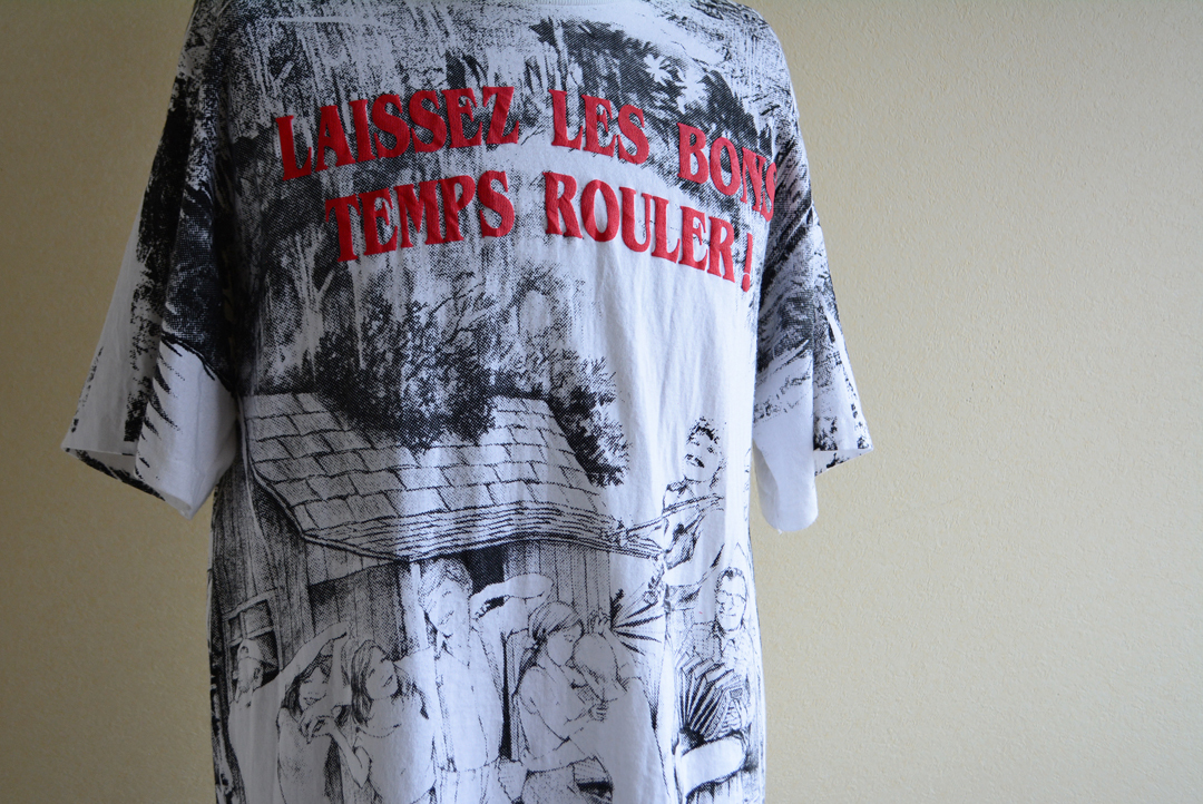 90s LAISSEZ LES BONS TEMPS ROULER 総柄プリントTシャツ MADE IN USA 白 L ビンテージ 古着 の画像8