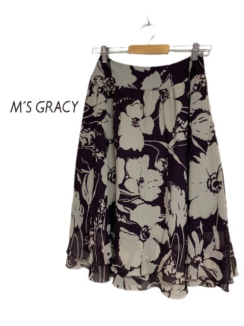 M'S GRACY【エムズグレイシー】パープル ラメ入り 花柄 スカート サイズ38_画像1
