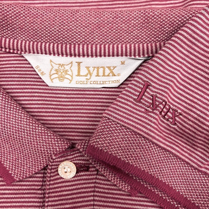 LYNX リンクス M メンズ 男性 ポロシャツ カットソー Tシャツ生地 ボーダー 左袖にロゴ刺繍 半袖 日本製 綿100% ダークピンクレッド系_画像3