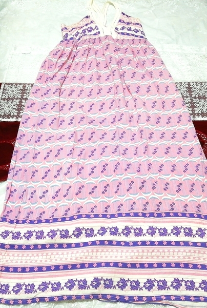 月花柄ピンクネグリジェノースリーブロングスカートマキシワンピース Moon flower pattern pink negligee nosleeve long skirt maxi dress