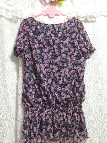 黒紫青花柄シフォンネグリジェチュニック Black purple blue flower pattern chiffon negligee tunic dress_画像4