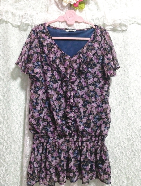 黒紫青花柄シフォンネグリジェチュニック Black purple blue flower pattern chiffon negligee tunic dress