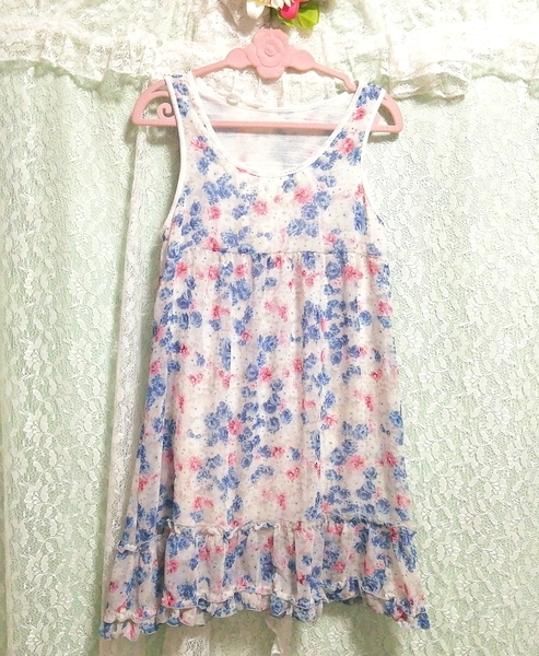 青赤白花柄シフォンネグリジェチュニックワンピース Blue red white flower pattern negligee chiffon tunic dress