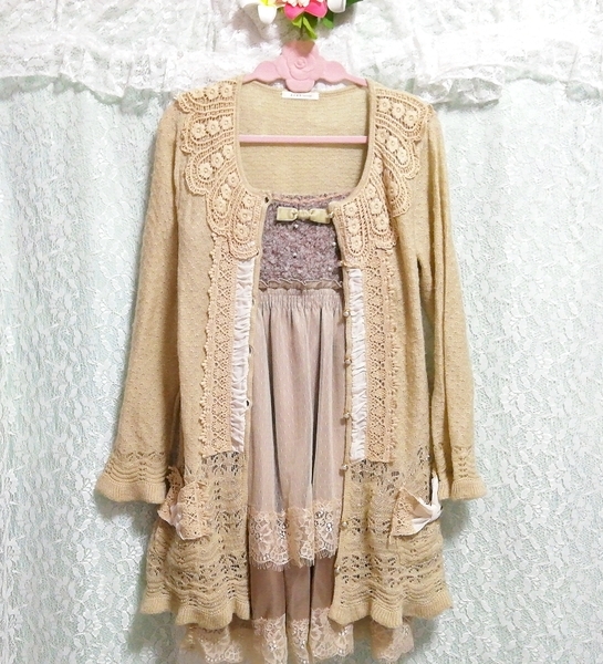 亜麻色ニットレースネグリジェ ガウン キャミソールベビードールドレス 2P Flax color knit lace negligee gown camisole babydoll dress_画像3