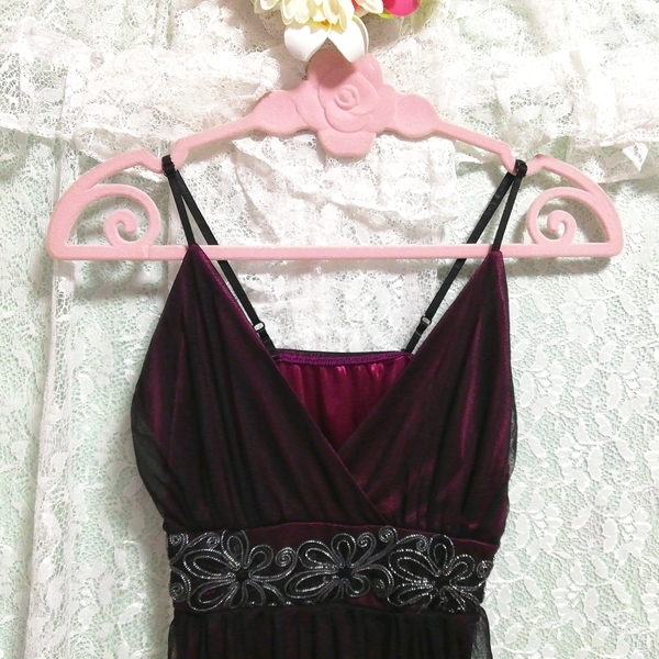 紫黒サテンレースネグリジェキャミソールワンピースベビードールドレス Purple black satin lace negligee camisole babydoll dress