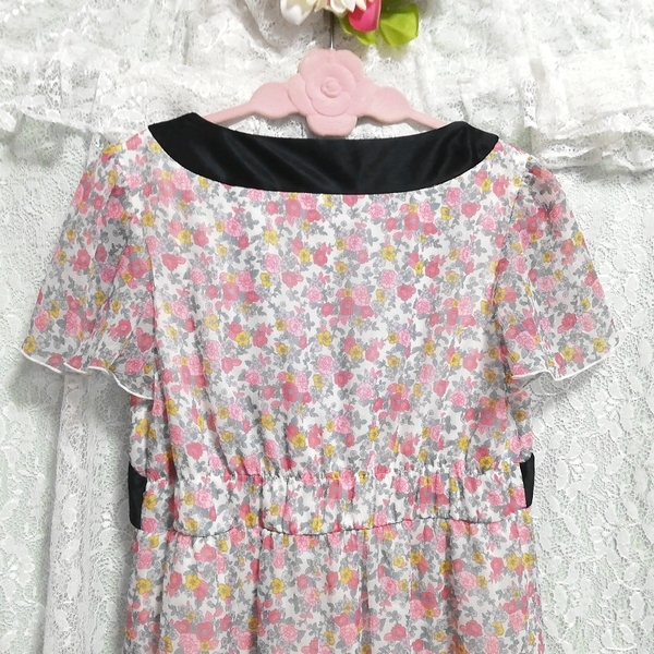 黒Vネック花柄シフォンネグリジェチュニックワンピース Floral pattern chiffon negligee tunic dress