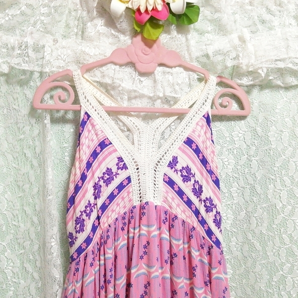 月花柄ピンクネグリジェノースリーブロングスカートマキシワンピース Moon flower pattern pink negligee nosleeve long skirt maxi dress