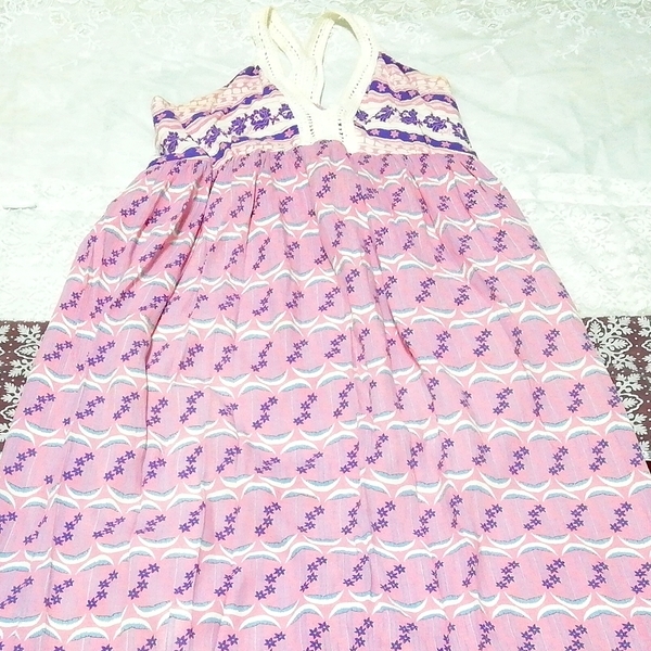 月花柄ピンクネグリジェノースリーブロングスカートマキシワンピース Moon flower pattern pink negligee nosleeve long skirt maxi dress