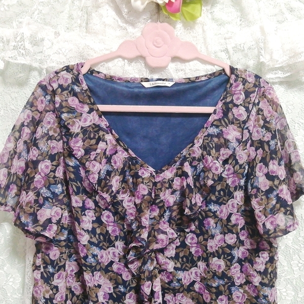 黒紫青花柄シフォンネグリジェチュニック Black purple blue flower pattern chiffon negligee tunic dress_画像6