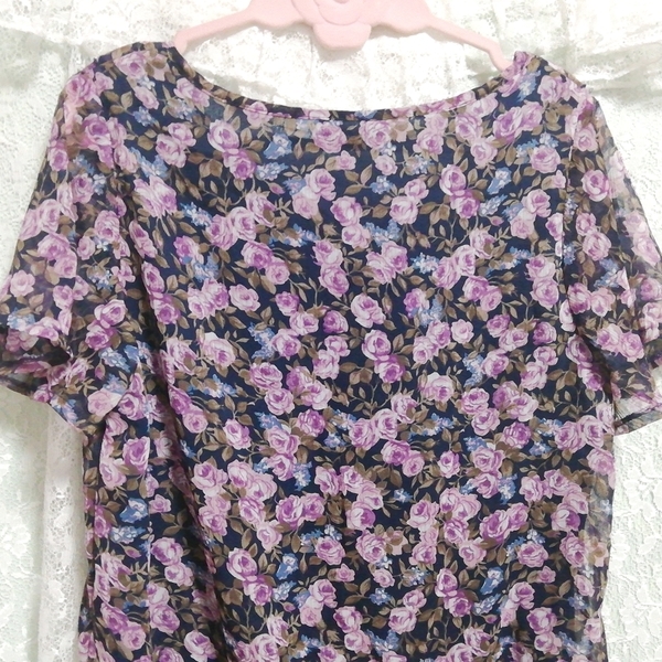 黒紫青花柄シフォンネグリジェチュニック Black purple blue flower pattern chiffon negligee tunic dress