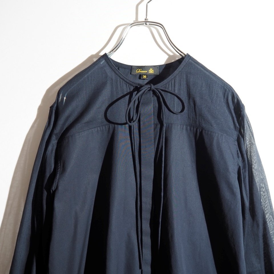 R3933P ▼Drawer ドゥロワー▼ コットン シアー切替え リボン付きノーカラー ブラウス ネイビー 36 / 6521-299-1123 シャツ 春夏 mks_画像2