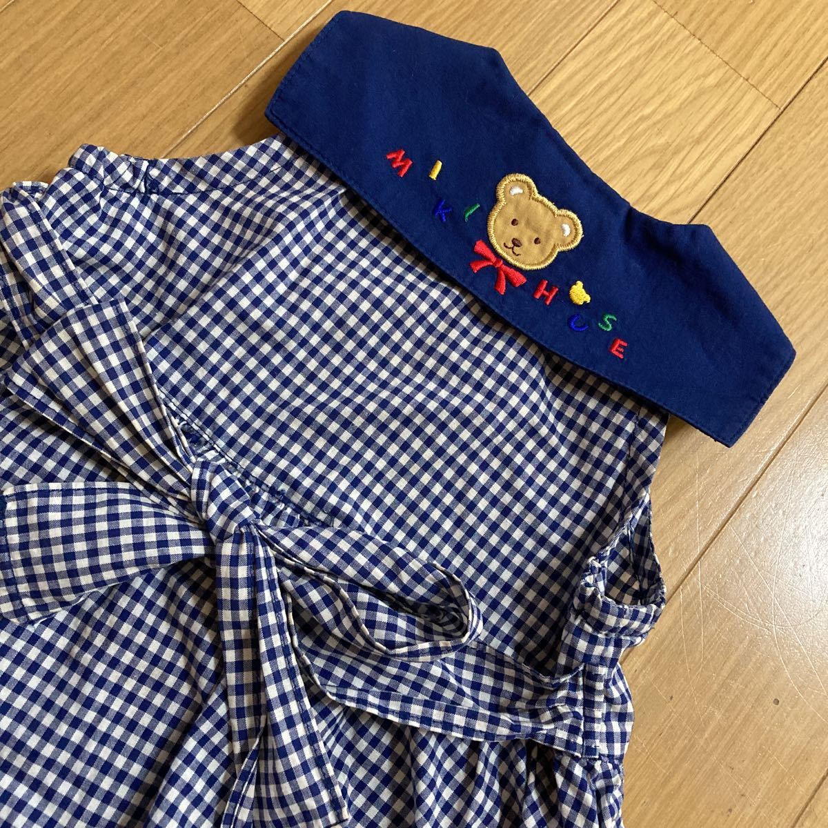 ミキハウス ワンピース　80センチ　キッズ　ベビー服　セーラー　レトロ　くまさん　チェック柄