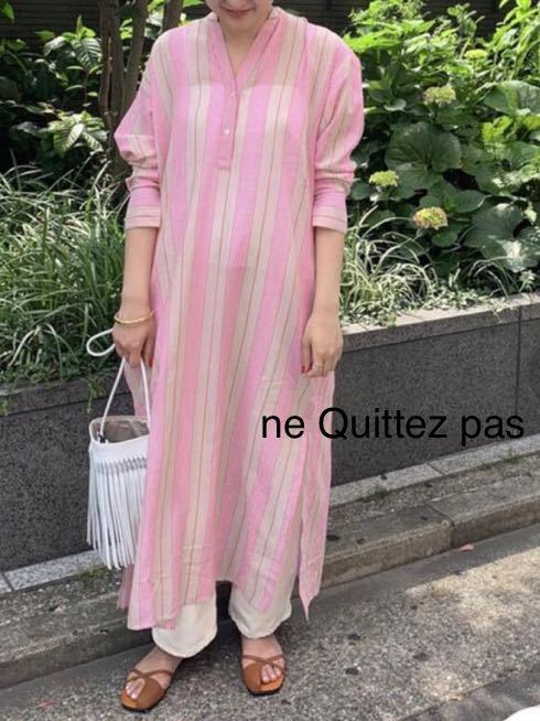 【ne Quittez pas】ヌキテパ　VOILE STRIPE DRESS(ワンピース) ストライプ　インド綿　ピンク　ボイルストライプVネックドレス20210910