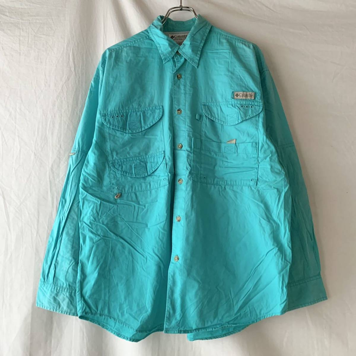 90s 2000s PFG 初期 コロンビア フィッシング コットンポプリン 長袖 シャツ アウトドア ハンティング ヴィンテージ ティファニーブルー Sの画像1