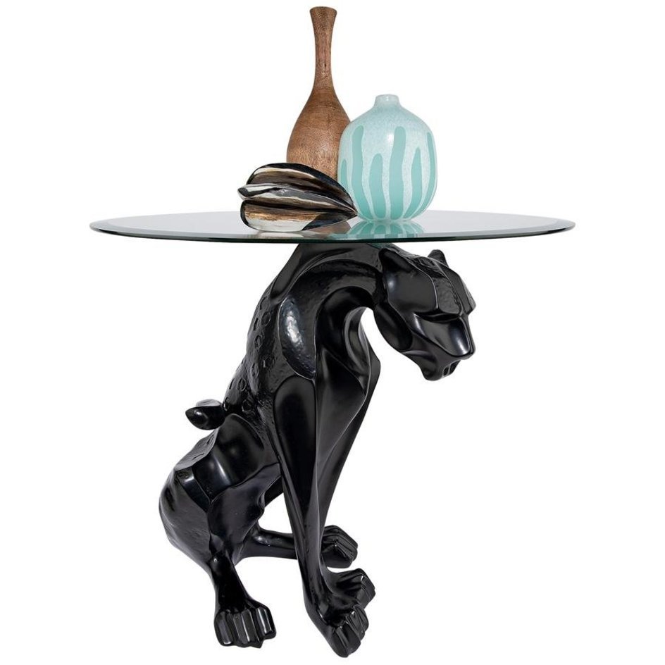 黒いジャガーのガラステーブル モダンデザイン彫刻インテリア置物ホームデコ飾りコーディネート家具猫動物アニマルオーナメント彫像調度品