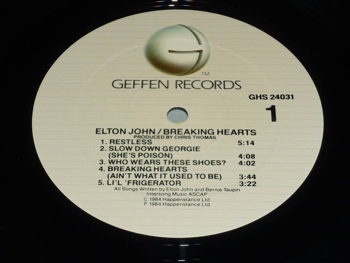 Elton John エルトン・ジョン / Breaking Hearts ～ Geffen Records XGHS 24031 / シュリンク・ステッカー付_画像4