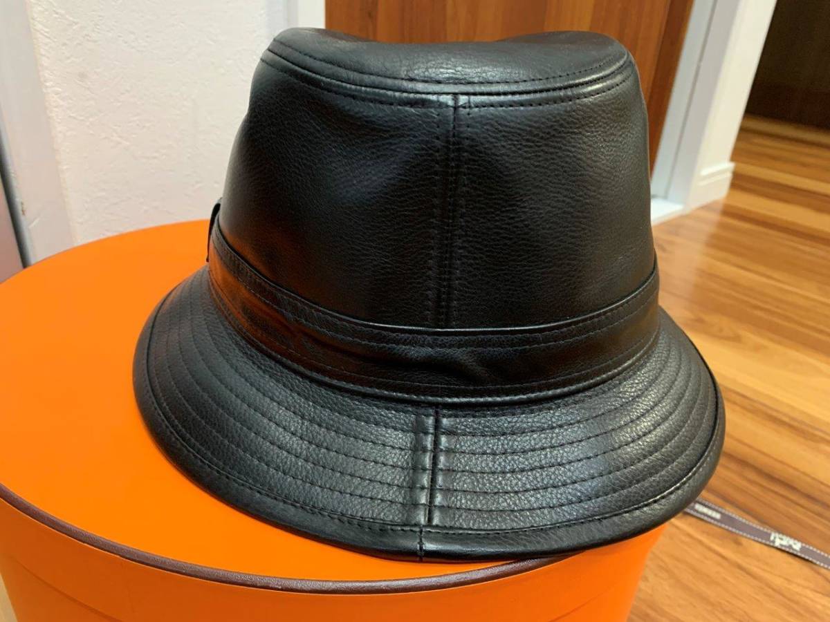 HERMES エルメス 驚愕の ブラック レザー ハット 帽子 黒 size57 定価