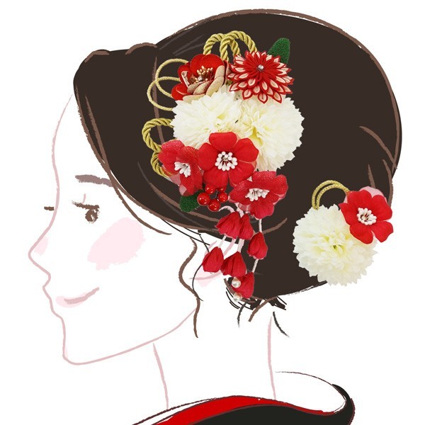 髪飾り 　2点セット　kk-084　 赤　白 　コーム型　かんざし　成人式　振袖　卒業式　花
