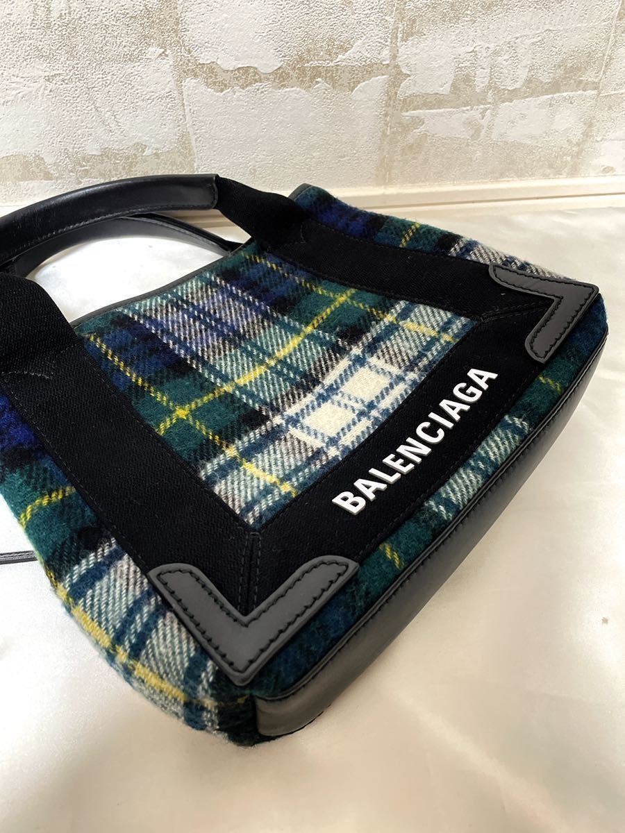 美品！BALENCIAGA バレンシアガ ネイビーカバ XS 2wayハンドバッグ チェック ウール レザー キャンバス ブルーグリーン マルチカラー_画像5