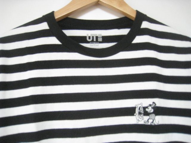 UNIQLO ユニクロ Disney ディズニー ミッキー 刺繍 UT トップス Tシャツ 半袖 丸首 白×黒 ホワイト×ブラック ボーダー Mサイズ の画像2
