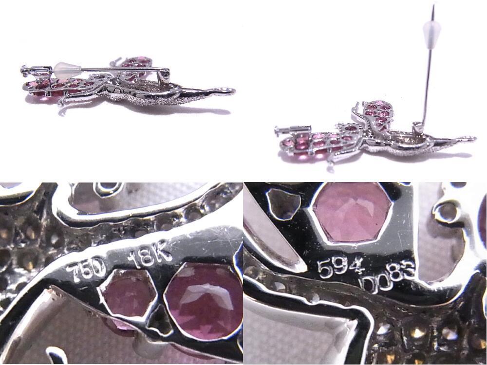 750 18K white gold brooch .. motif diamond natural tourmaline pink tourmaline [ used ][ pawnshop exhibition ][ rare ]