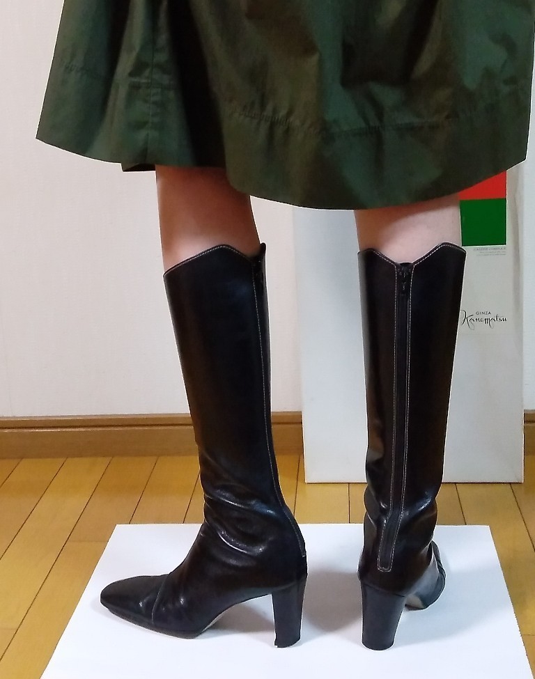 銀座かねまつ ロングブーツ 黒革 ステッチ バックファスナー 24.5