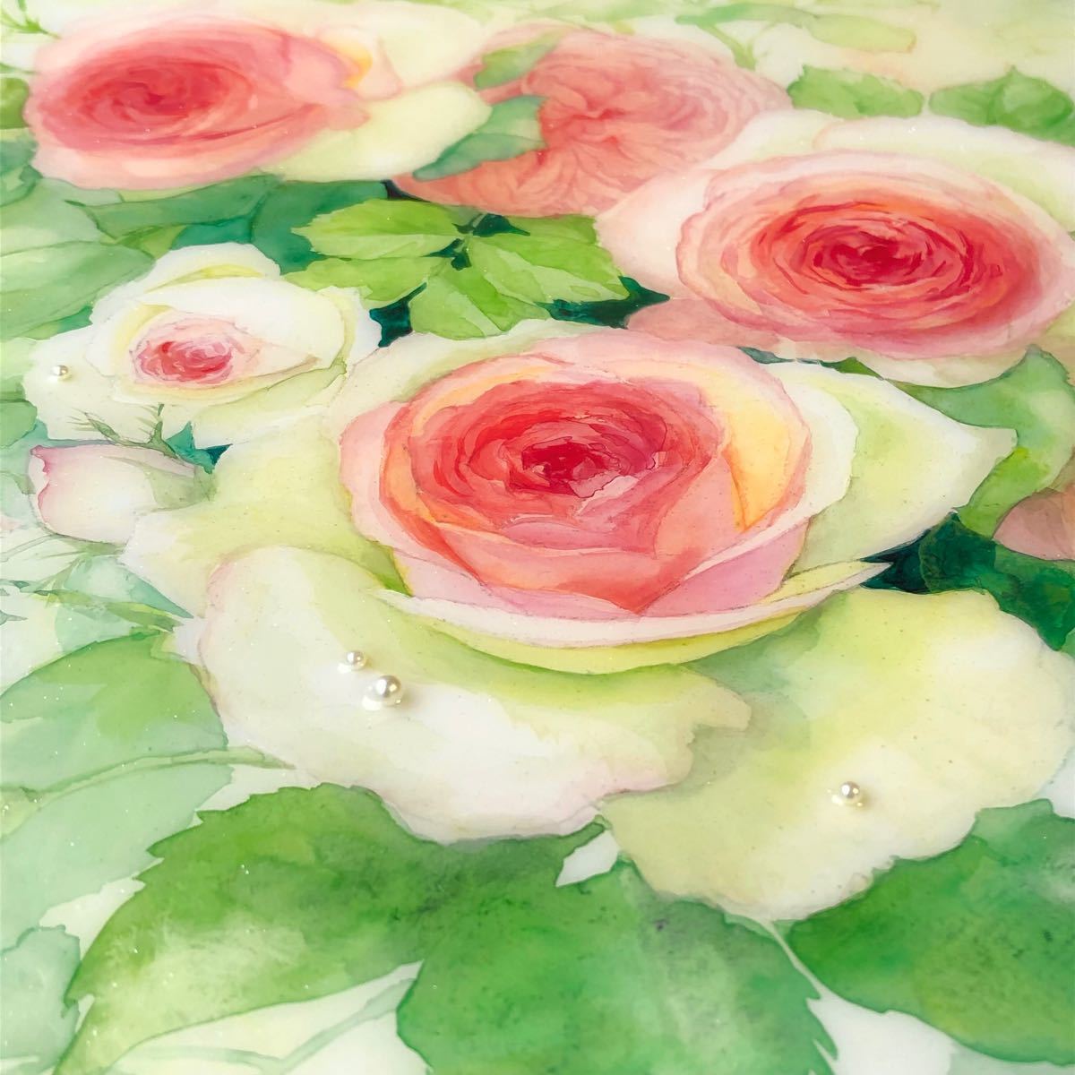 絵画 薔薇 水彩画調 レジンコート トレイ アート アクリル画 絵画 薔薇 水彩画調 レジンコート トレイ アート アクリル画