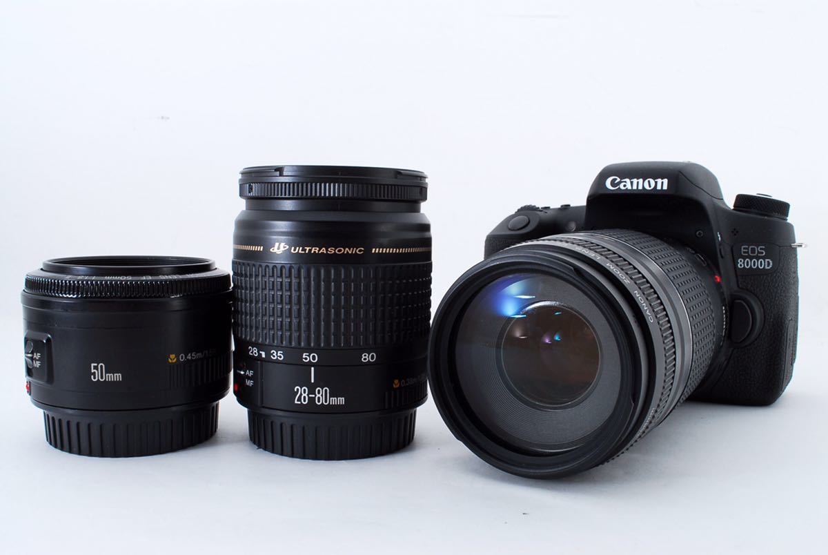Canon キヤノン EOS 8000DトリプルレンズセットCANON EF28-80㎜1:3.5-5.6 IV CANON EF 75-300mm F4-5.6 III USM Canon EF 50㎜1:1.8 IIの画像2