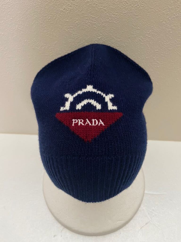 美品 PRADA イタリア製カシミヤ混ニット帽 ニットキャップ ニット帽子 ワッチキャップ プラダ カシミア混 ネイビー 濃紺 プレート 2018_画像3