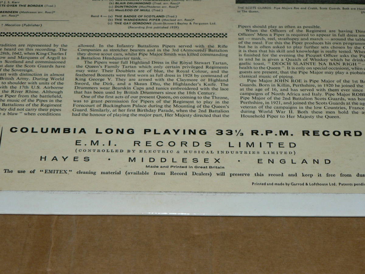 LP(英COLUMBIA盤)／「MASSED PIPES ＆ DRUMS OF THE SCOTS GUARDS 」　33SX-1152／美盤、全曲再生良好_英盤