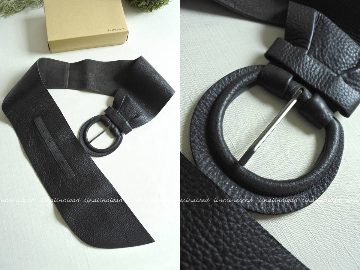  unused original leather real leather belt dark brown lady's futoshi buckle free size futoshi belt wide flexible dore-p