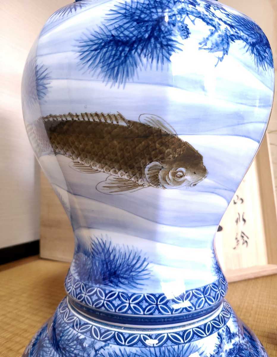  beautiful goods * god right .... "hu" pot Arita . blue and white ceramics landscape . common carp .. thing large . decoration "hu" pot cover attaching height 69cm also box kiln god right e. work 