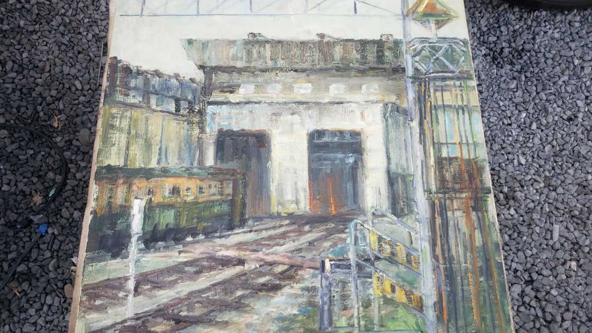  picture oil painting [F10] size approximately 53×46cm [* storage room ] train garage 