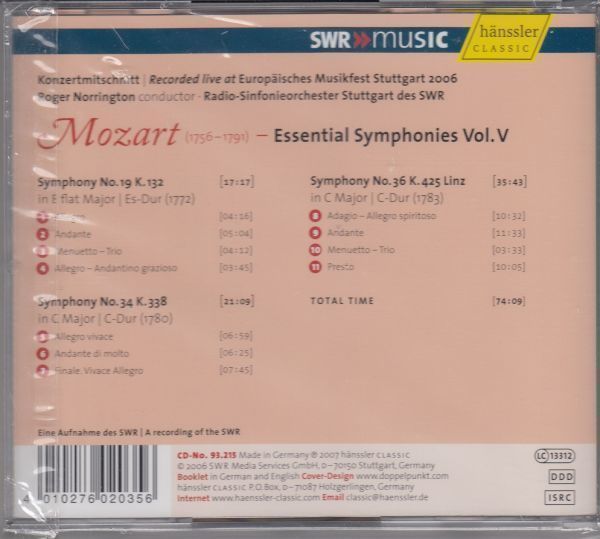 [CD/Hanssler]モーツァルト:交響曲第36番ハ長調K.425他/R.ノリントン&シュトゥットガルト放送交響楽団 2006.9.15他_画像2